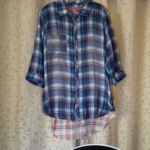 Soft Surroundings Floral embroidery and Plaid Button Down Shirt